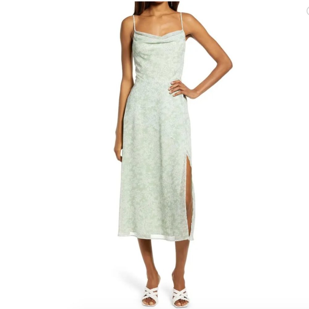 WAYF Skylar Drape Front Cowl Neck Dress - Green Floral